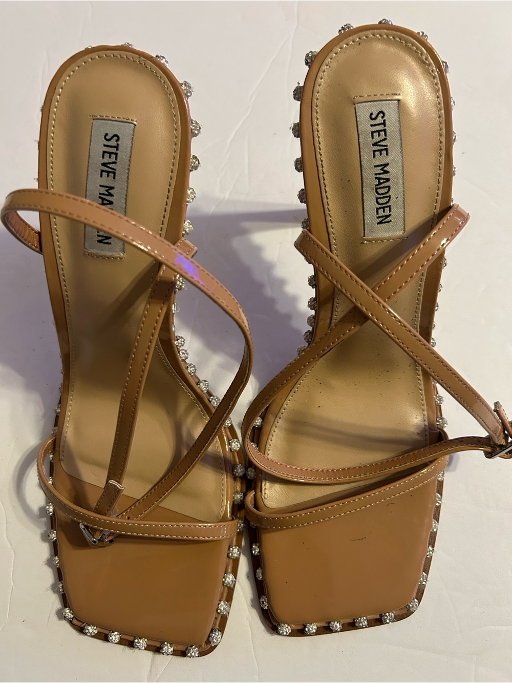 Steve Madden Tan Crystal-Trim Strappy Square-Toe Sandals
